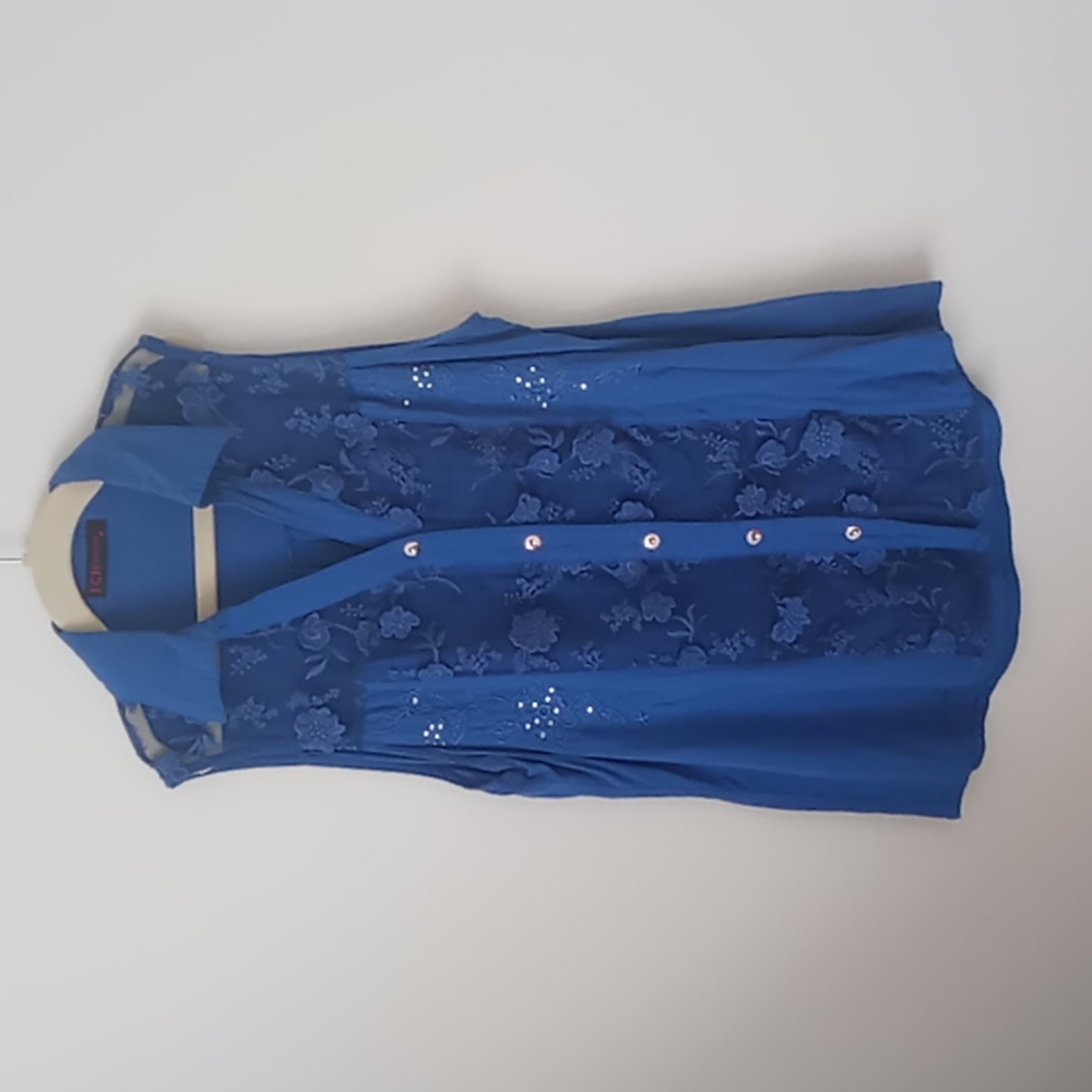 Sleeveless Blouse Top Blue Cotton Floral Embellished & Embroidered mesh detail